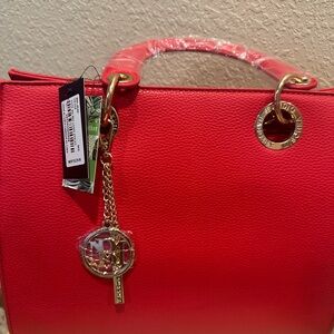 Red Leather Tote Bag with Gold Accents